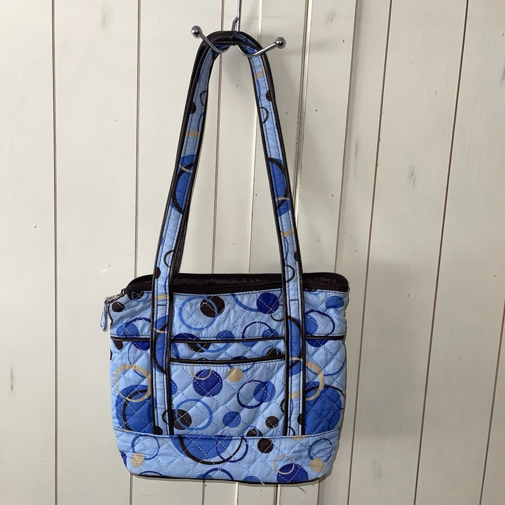 Longaberger blue dot fabric & leather shoulder bag/satchel 2 handles Lightweight - Picture 3 of 10